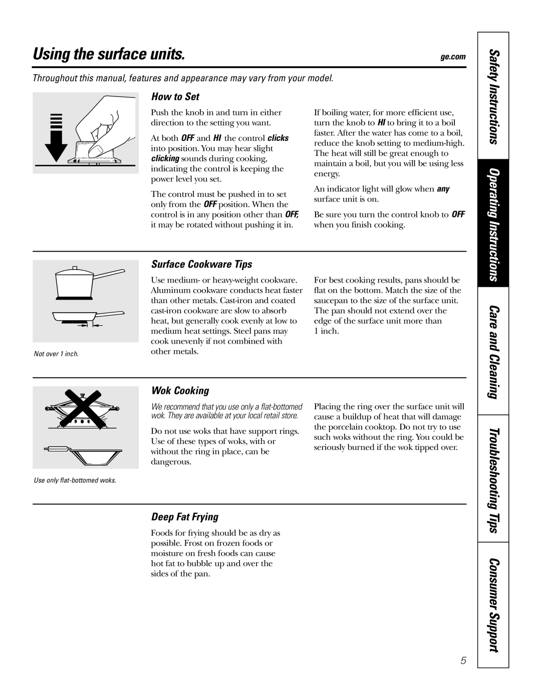 GE JP328 JP626 owner manual Using the surface units, How to Set, Surface Cookware Tips, Wok Cooking, Deep Fat Frying 