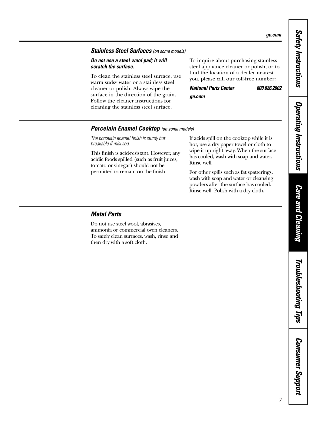 GE JP328 JP626 owner manual Instructions Care, Stainless Steel Surfaces on some models, Metal Parts 