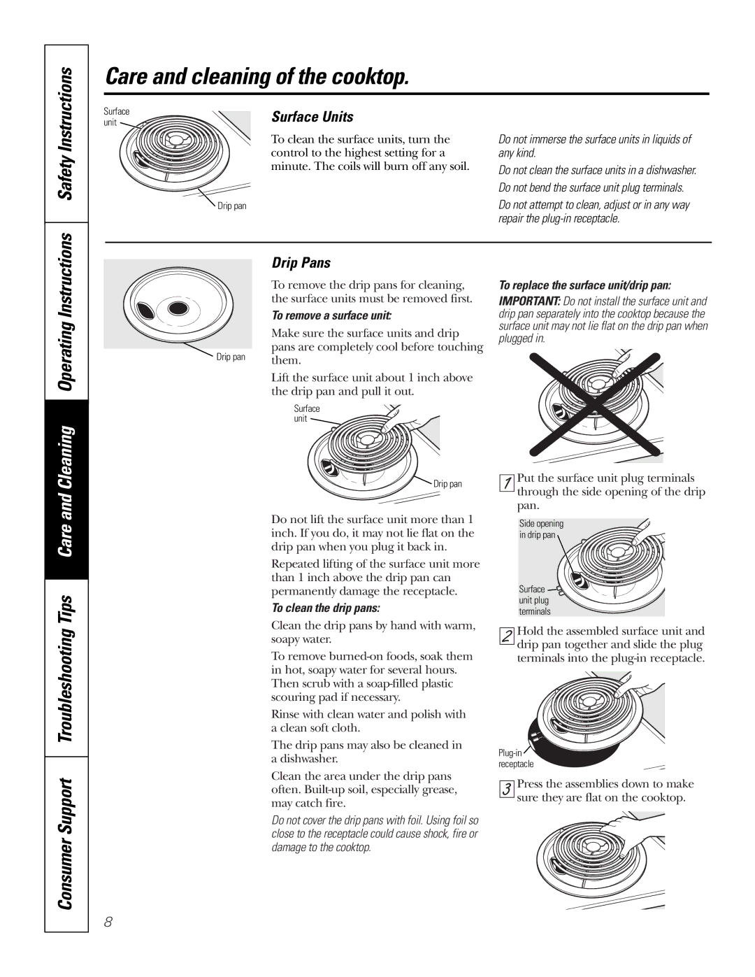 GE JP328 JP626 owner manual Surface Units, Drip Pans, To remove a surface unit, To clean the drip pans 