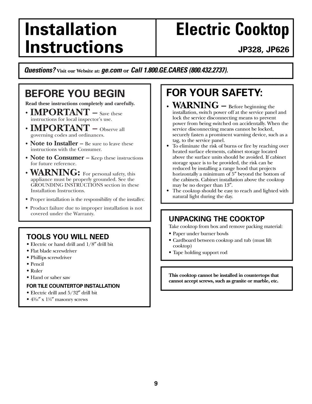 GE JP328 JP626 owner manual Tools YOU will Need, Unpacking the Cooktop 