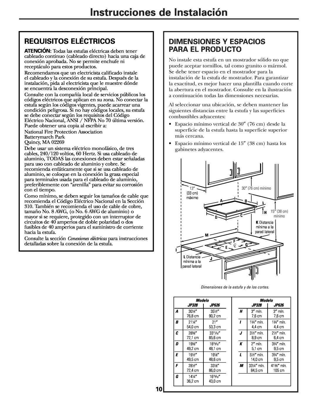 GE JP328 JP626 owner manual Instrucciones de Instalación, Requisitos Eléctricos, Dimensiones Y Espacios Para El Producto 