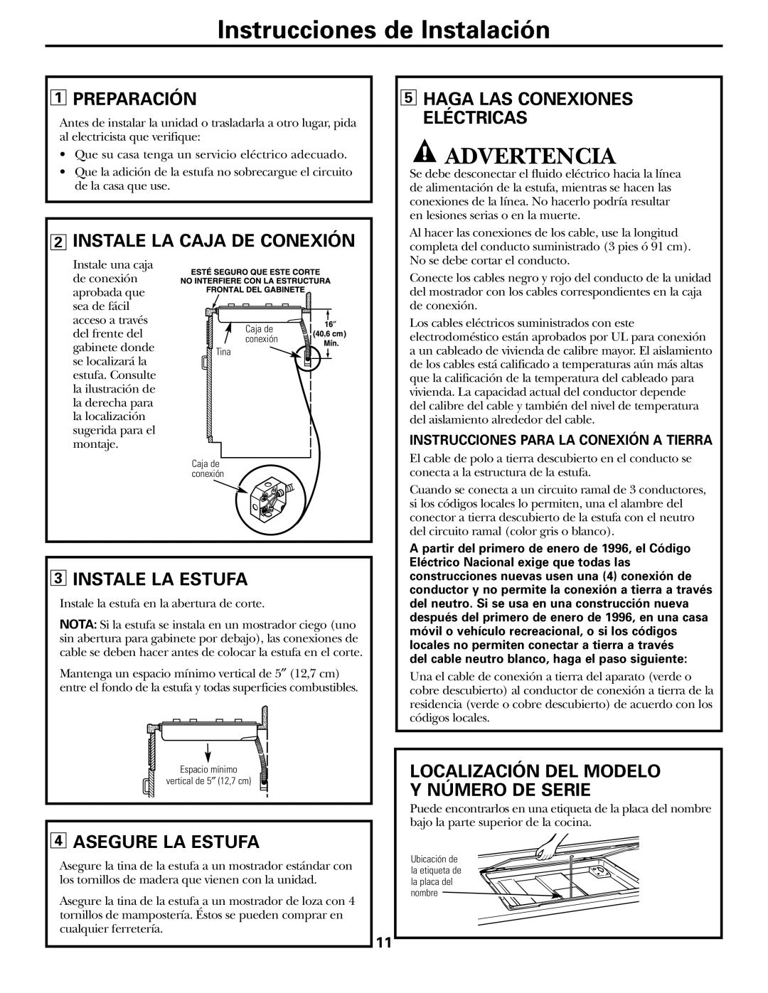 GE JP328 JP626 owner manual Advertencia, Preparación, Instale La Caja De Conexión, Instale La Estufa, Asegure La Estufa 