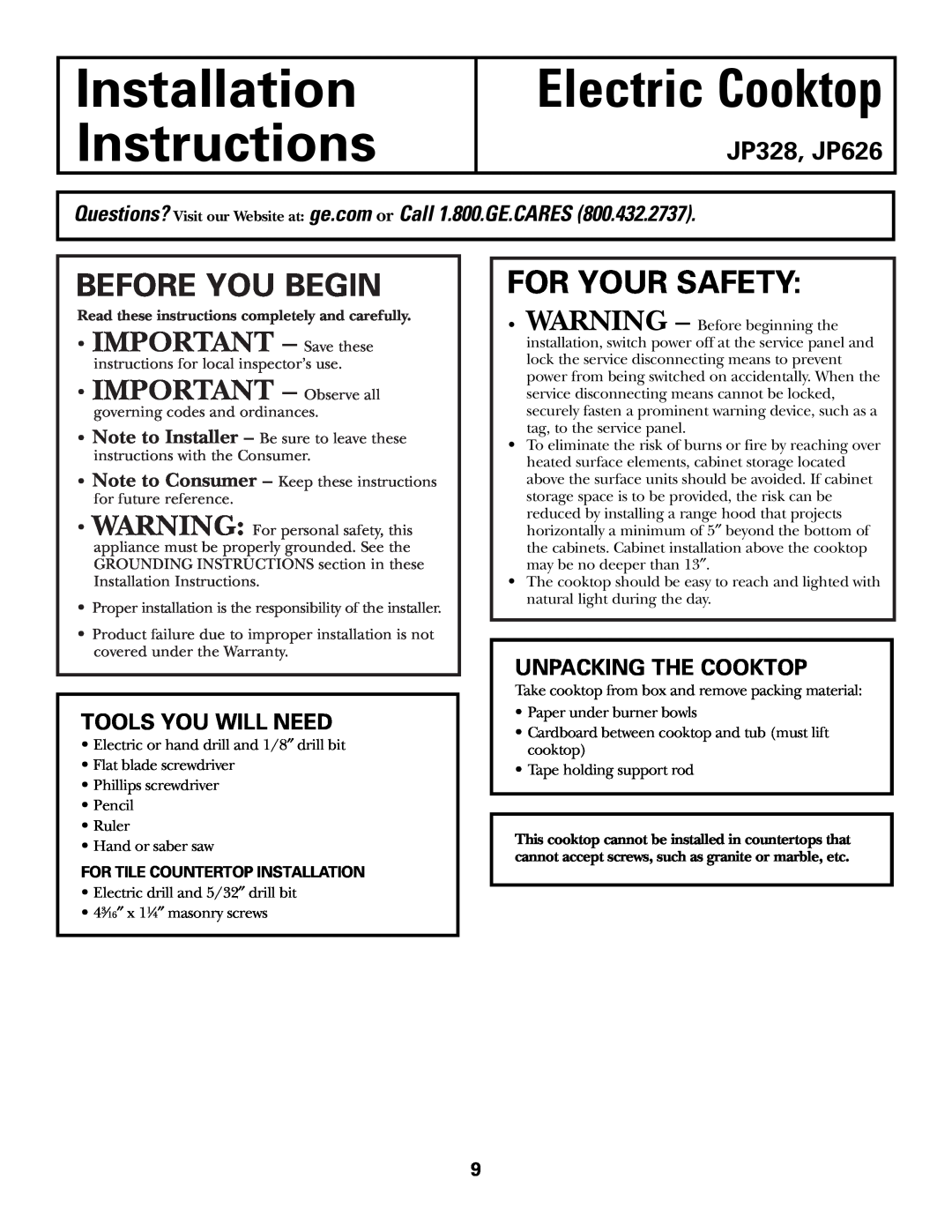 GE JP328 JP626 Installation Instructions, Electric Cooktop, Before You Begin, For Your Safety, IMPORTANT - Save these 