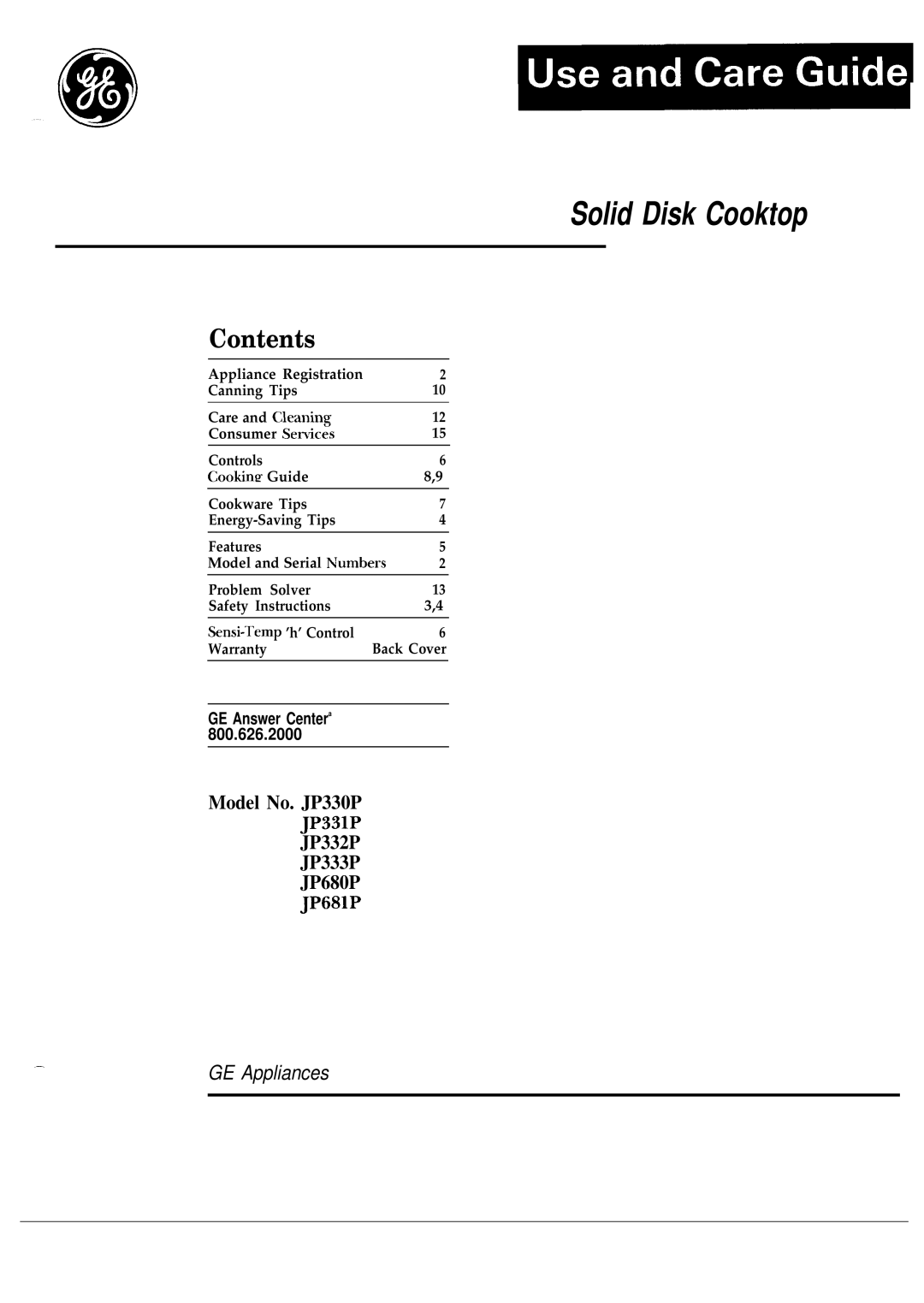 GE JP330P warranty Solid Disk Cooktop 