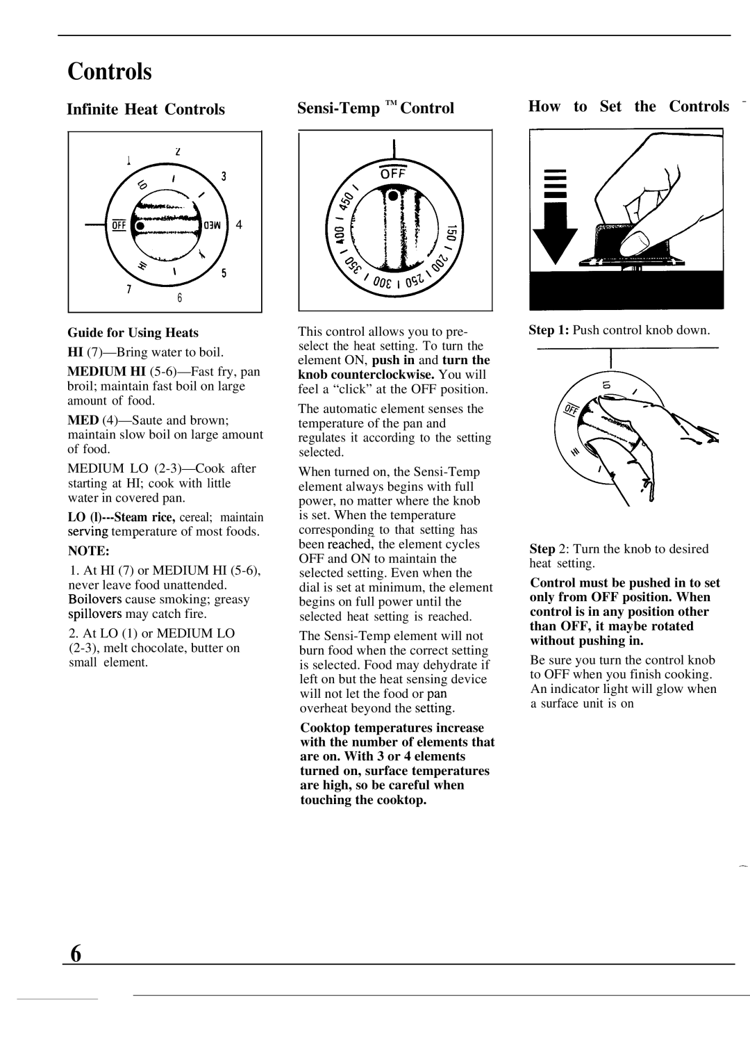 GE JP330P warranty Infinite Heat Controls, Sensi-Temp TM Control, How to Set the Controls, Guide for Using Heats 