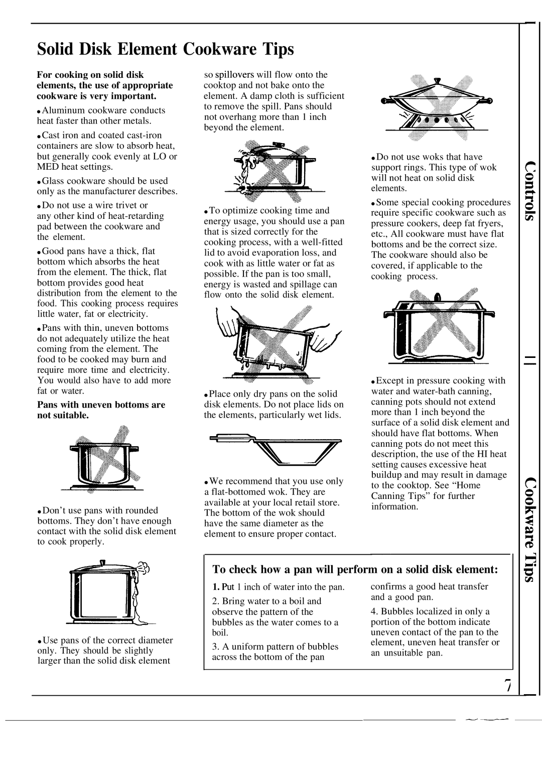 GE JP330P warranty Solid Disk Element Cookware Tips, To check how a pan will perform on a solid disk element 