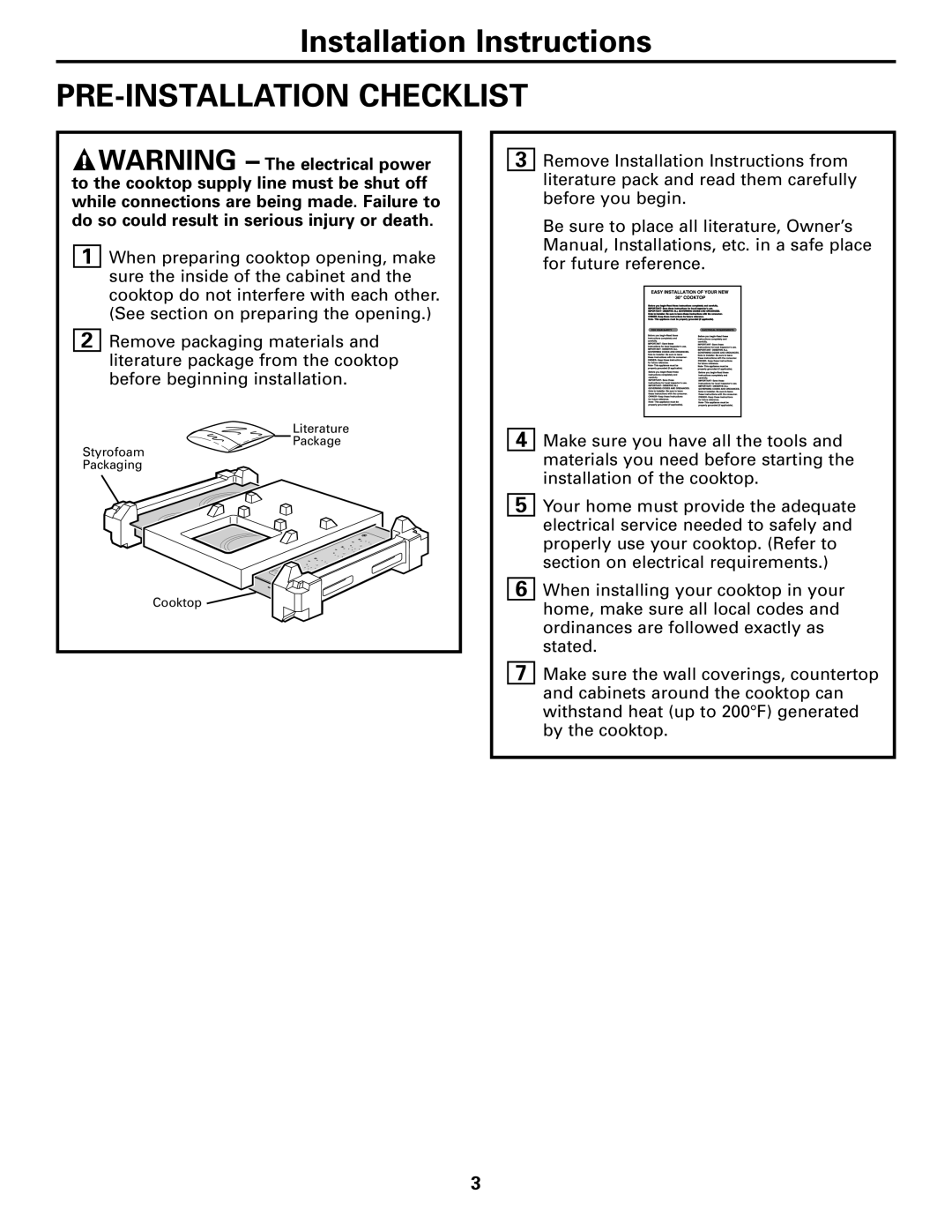 GE JP950, JP340, JP940, JP930, JP910, JP355 warranty PRE-INSTALLATION Checklist 