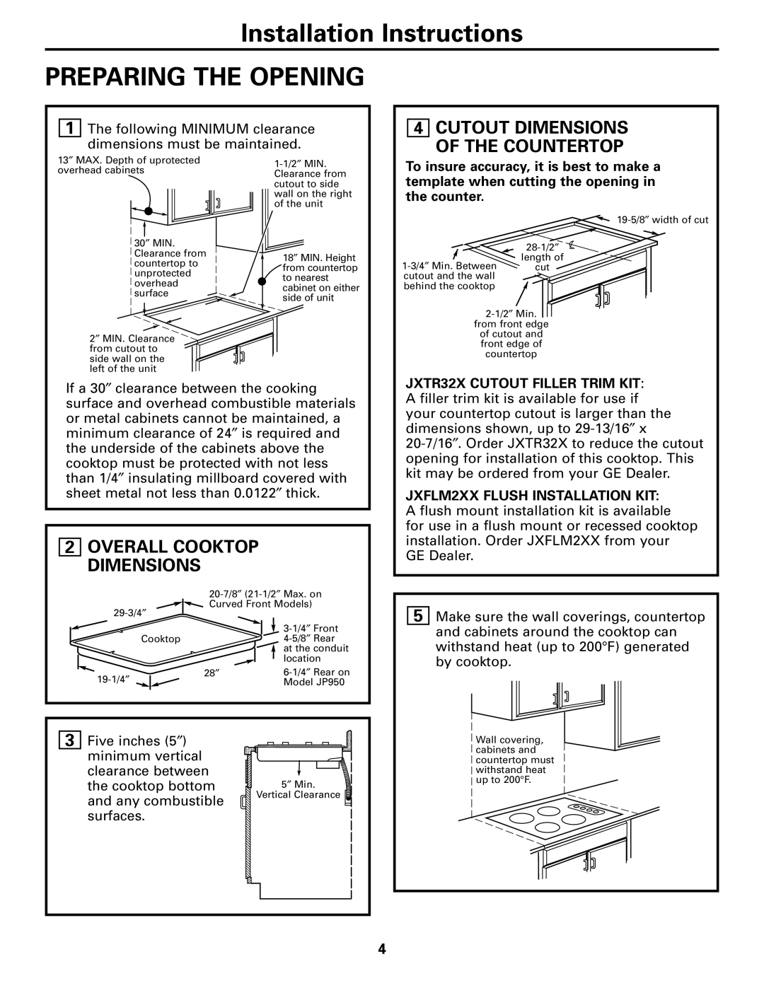 GE JP910, JP340, JP940, JP930, JP950 Preparing the Opening, Cutout Dimensions of the Countertop, Overall Cooktop Dimensions 