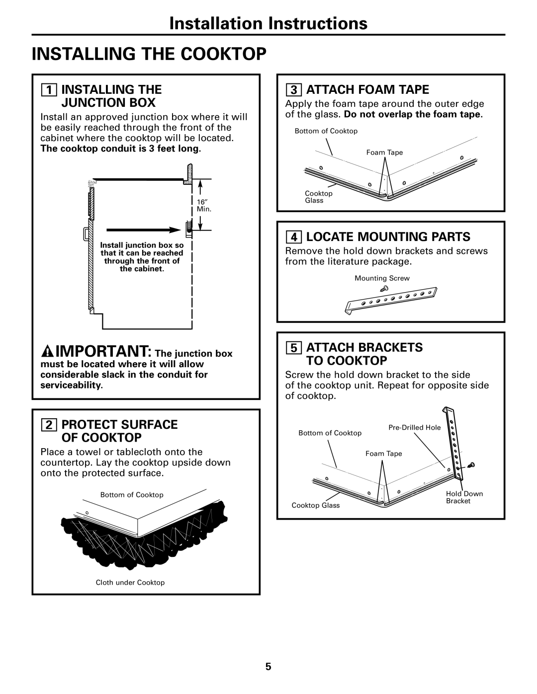 GE JP355, JP340, JP940, JP930 Installing the Cooktop, Installing the Junction BOX, Attach Foam Tape, Locate Mounting Parts 