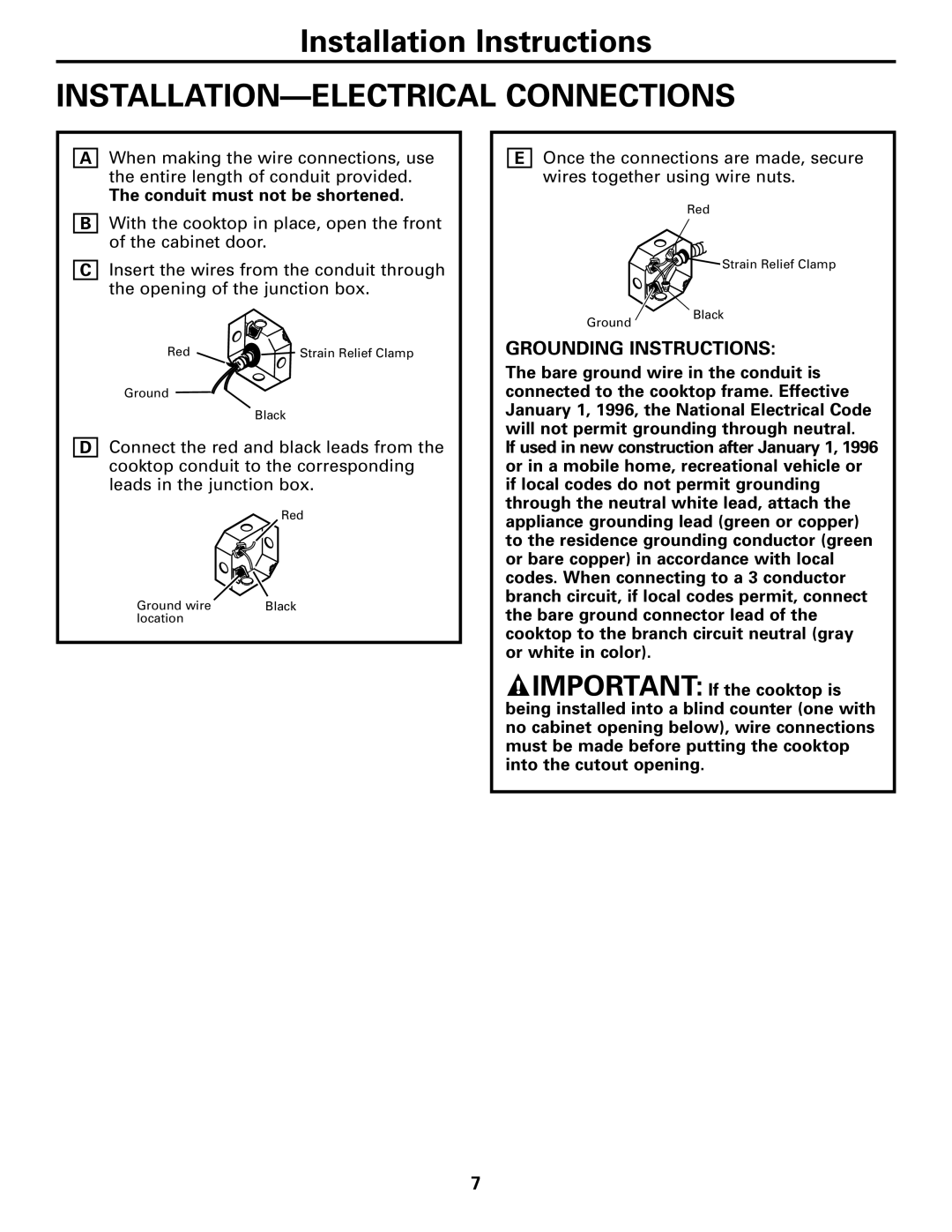 GE JP940, JP340, JP930, JP950, JP910, JP355 warranty INSTALLATION-ELECTRICAL Connections, Conduit must not be shortened 