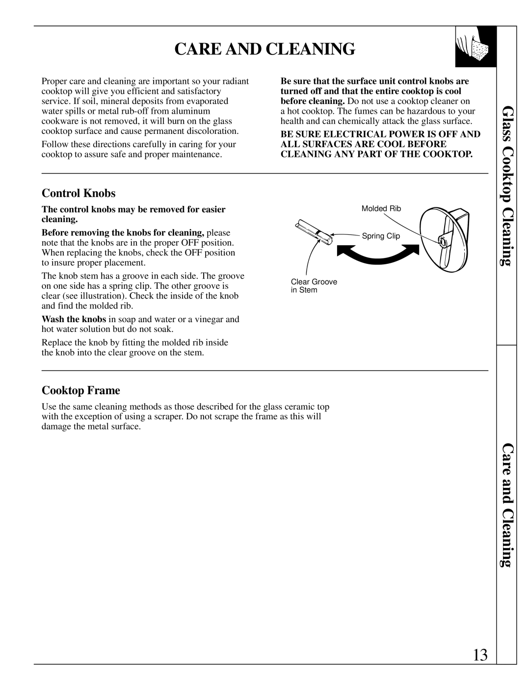 GE JP340 operating instructions Care and Cleaning, Control Knobs, Cooktop Frame 