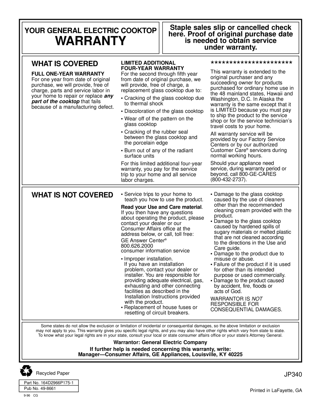 GE JP340 operating instructions Warranty 