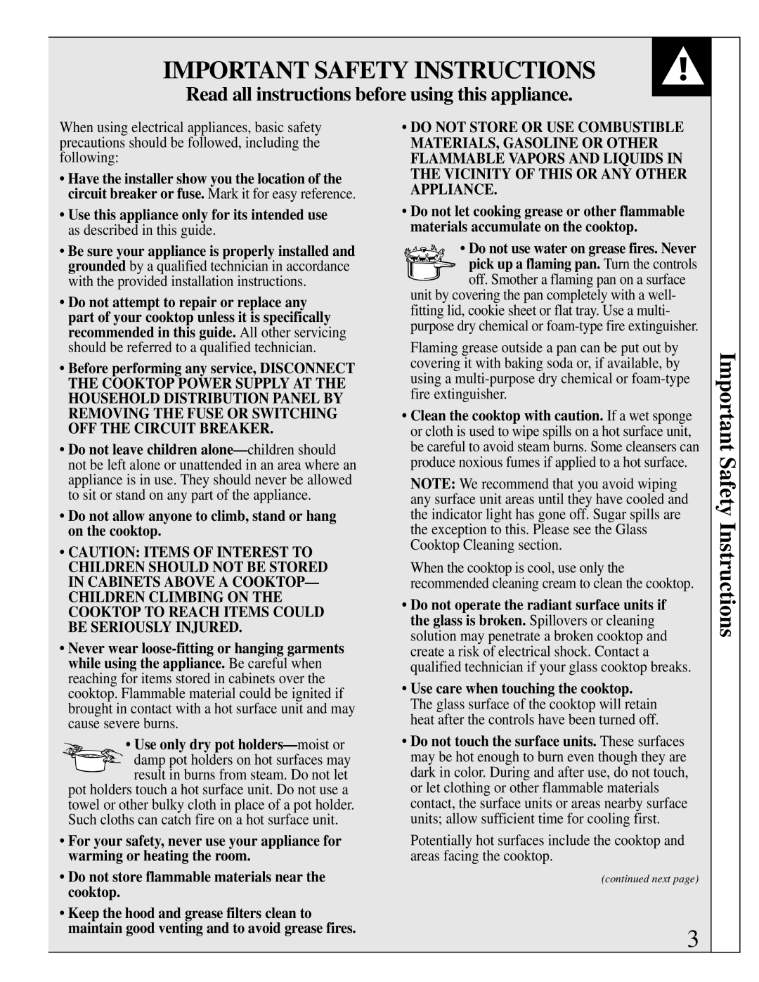 GE JP340 operating instructions Important Safety Instructions, Read all instructions before using this appliance 