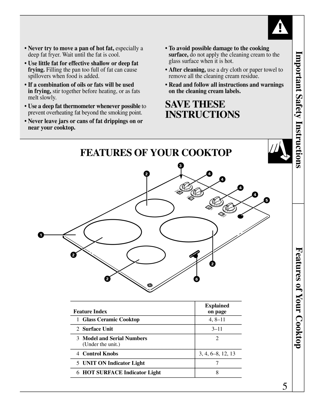 GE JP340 operating instructions Save These Instructions, Features of Your Cooktop, Explained, Control Knobs 