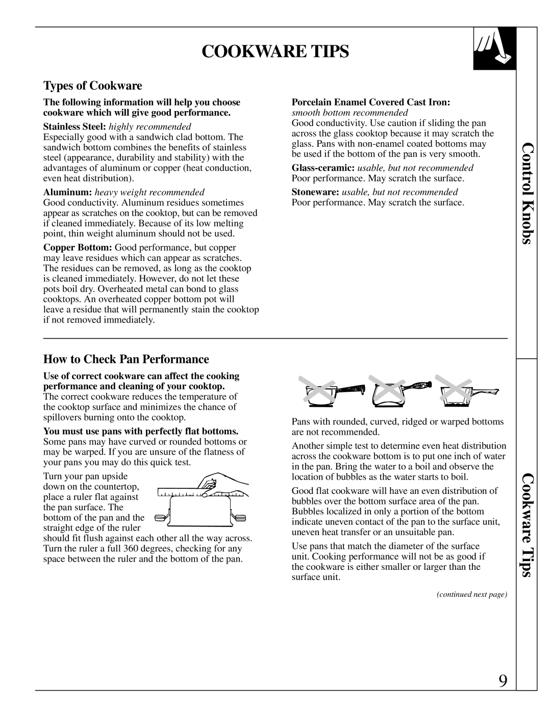 GE JP340 operating instructions Cookware Tips, Types of Cookware, How to Check Pan Performance 