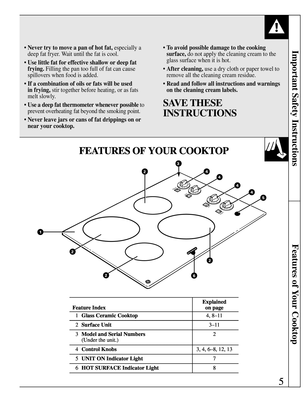 GE JP340 Save These Instructions, Features Of Your Cooktop, Features of, Important Safety Instructions 