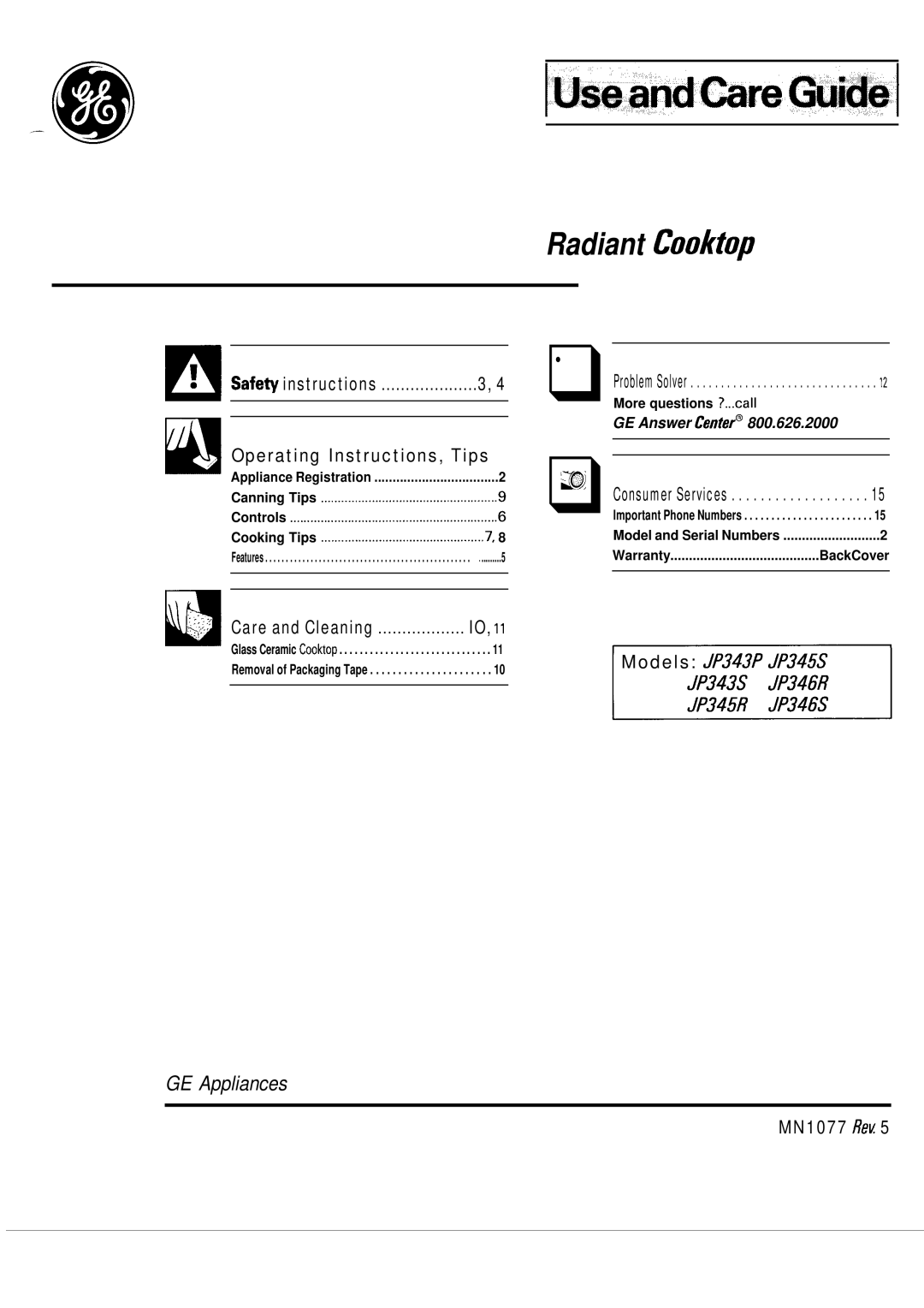 GE JP345R, JP346R, JP345S, JP343P, JP343S, JP346S warranty LUseand&reGuidel 