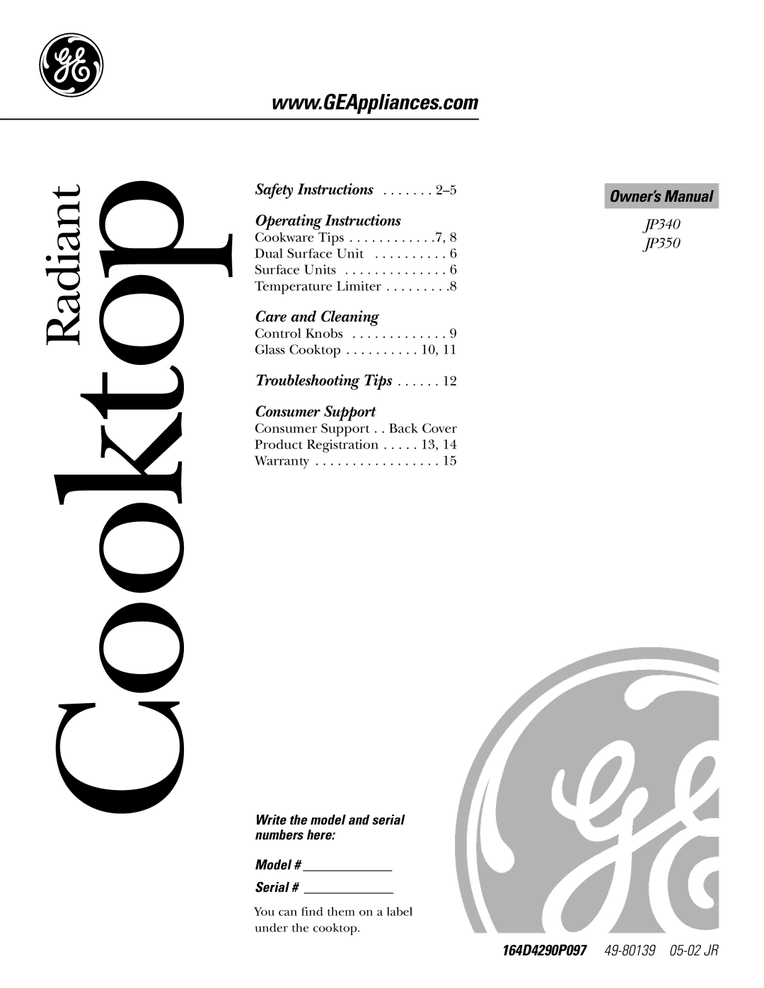 GE JP350 owner manual CooktopRadiant 