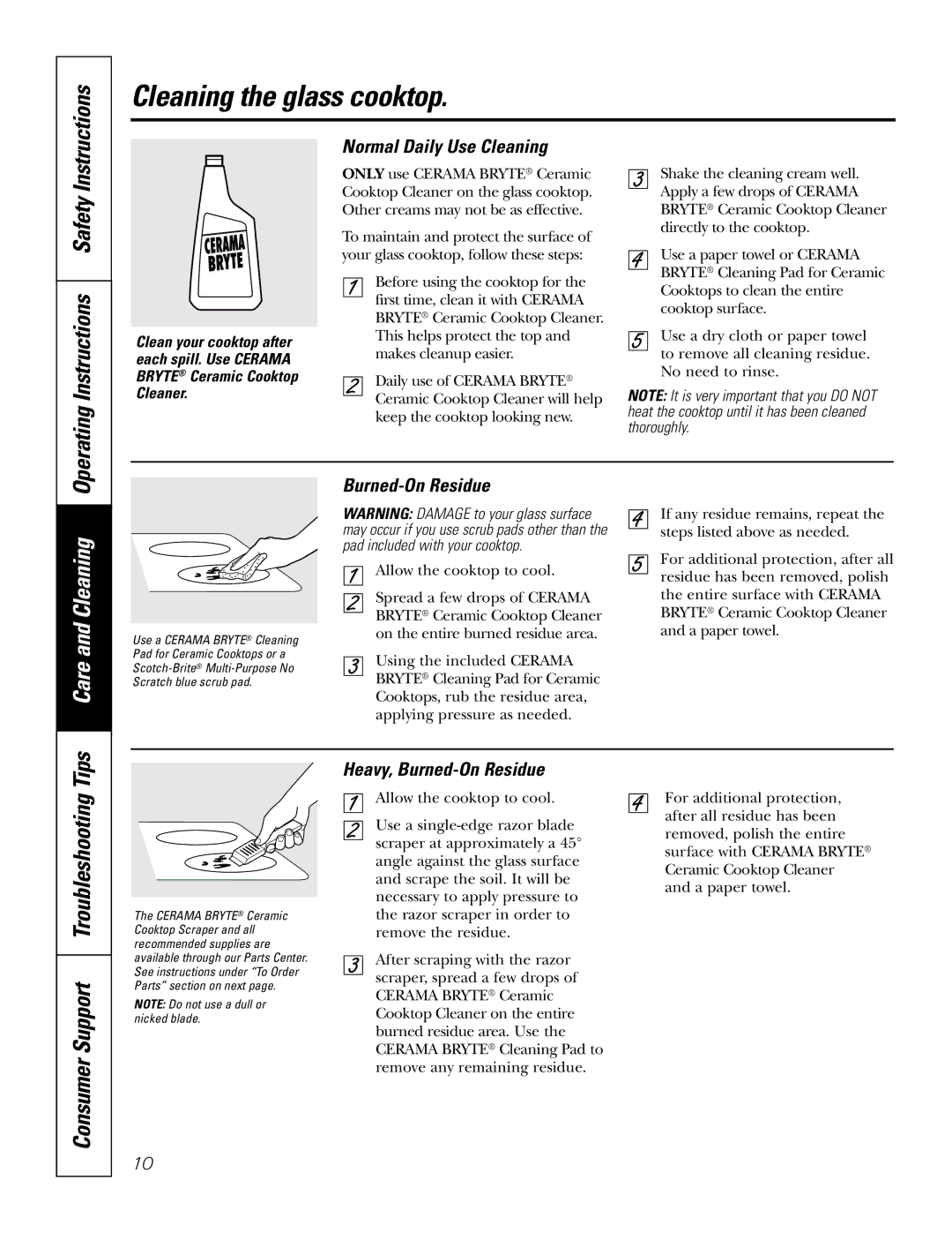 GE JP350 owner manual Cleaning the glass cooktop, Normal Daily Use Cleaning, Heavy, Burned-On Residue 