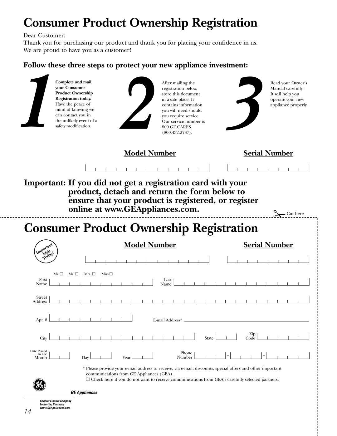 GE JP350 owner manual Consumer Product Ownership Registration 