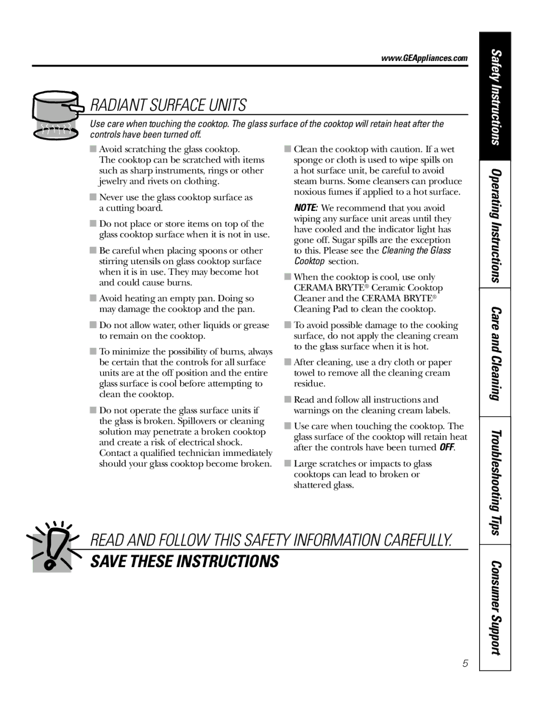 GE JP350 owner manual Radiant Surface Units 