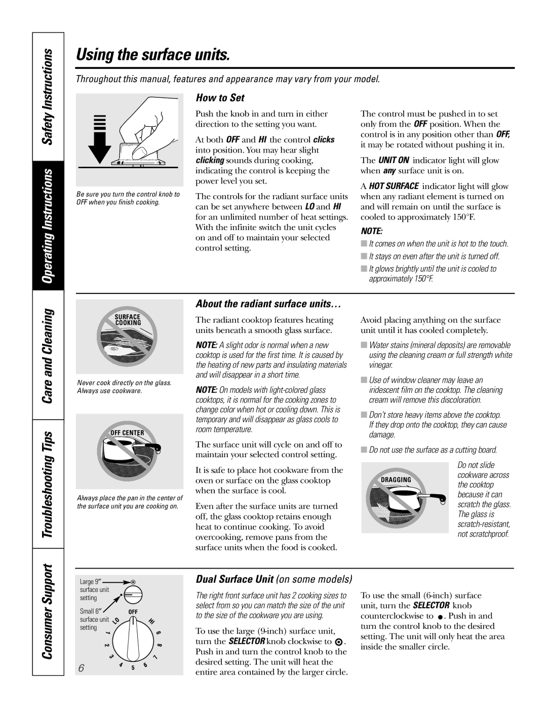 GE JP350 owner manual Using the surface units, How to Set, Cooktop, Glass is 