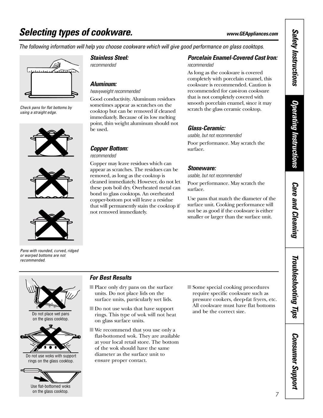 GE JP350 owner manual Selecting types of cookware 