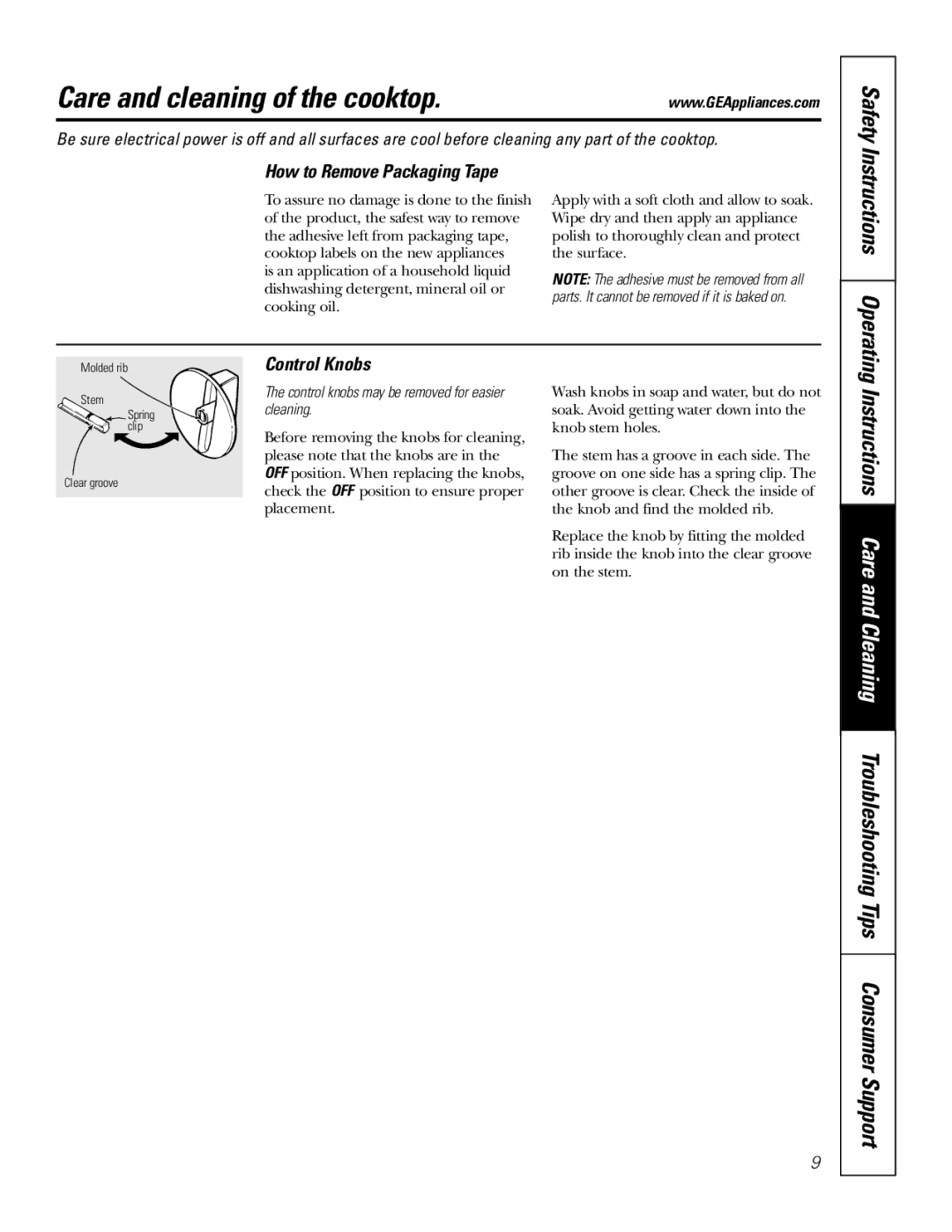 GE JP350 owner manual Care and cleaning of the cooktop, How to Remove Packaging Tape, Control Knobs 