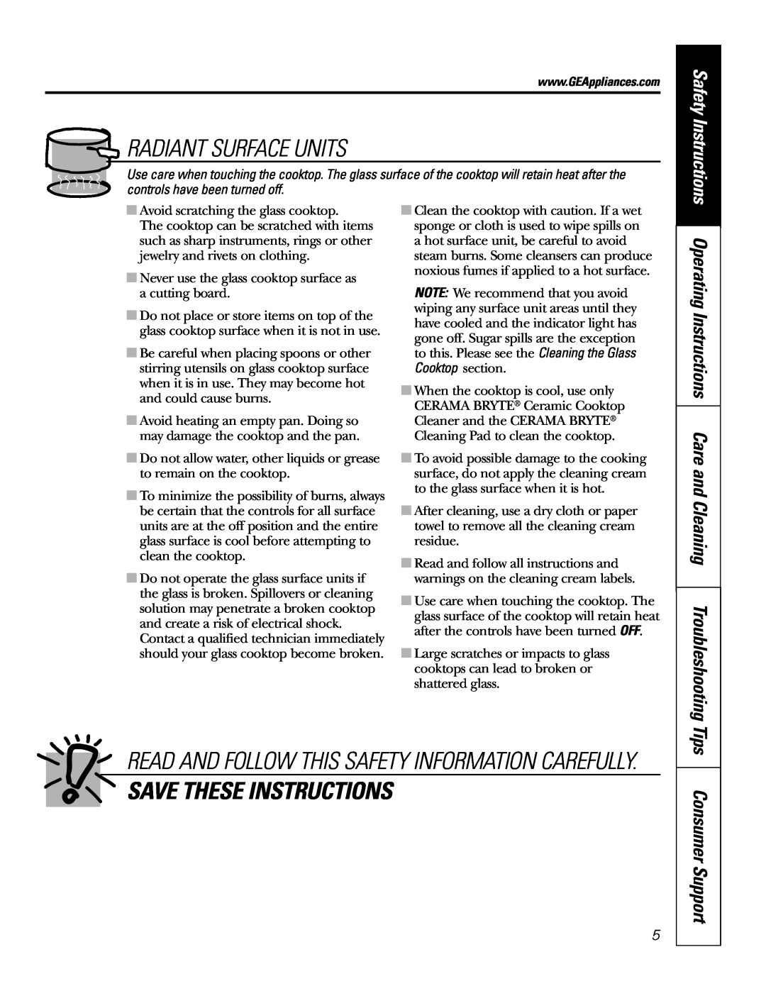GE JP350 owner manual Radiant Surface Units, Save These Instructions, Consumer Support, Safety Instructions 