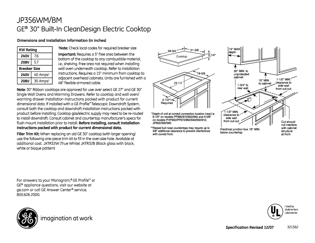 GE JP356WMWW installation instructions JP356WM/BM, GE 30 Built-InCleanDesign Electric Cooktop 