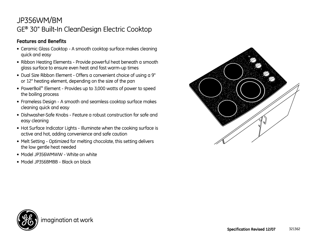 GE JP356WMWW installation instructions JP356WM/BM, GE 30 Built-InCleanDesign Electric Cooktop, Features and Benefits 