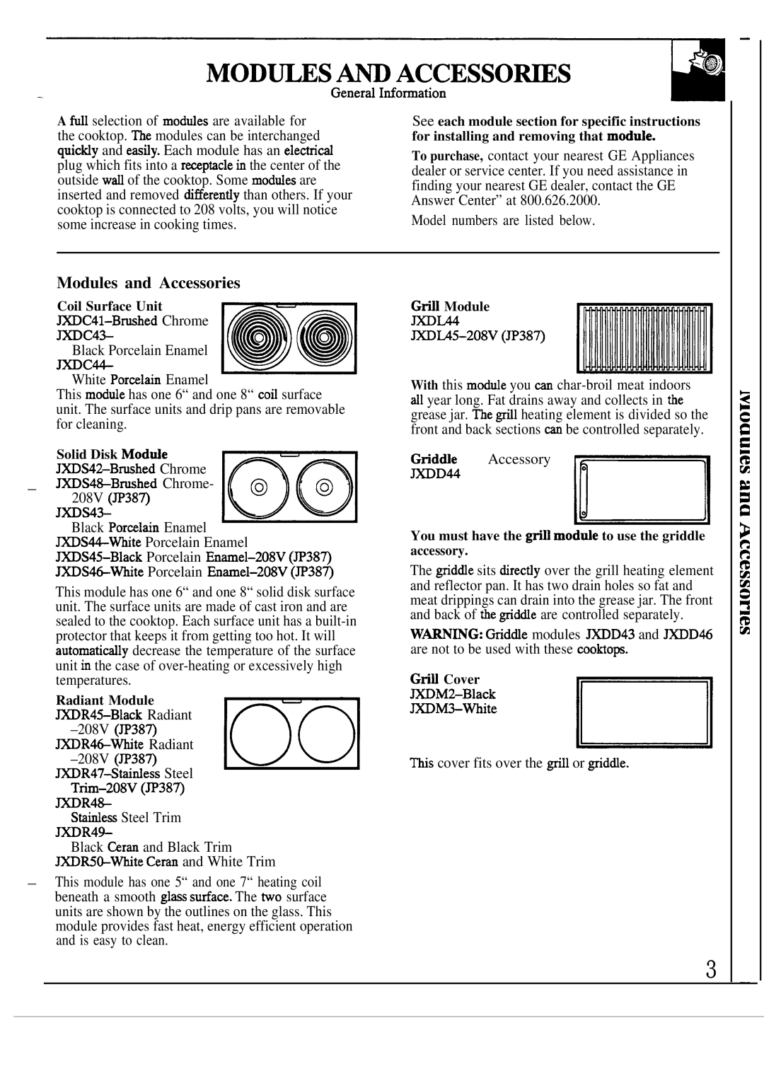 GE JP384, JP385, JP386, JP387, JP383, JP388 installation instructions Modules and Accessories, Model numbers are listed below 