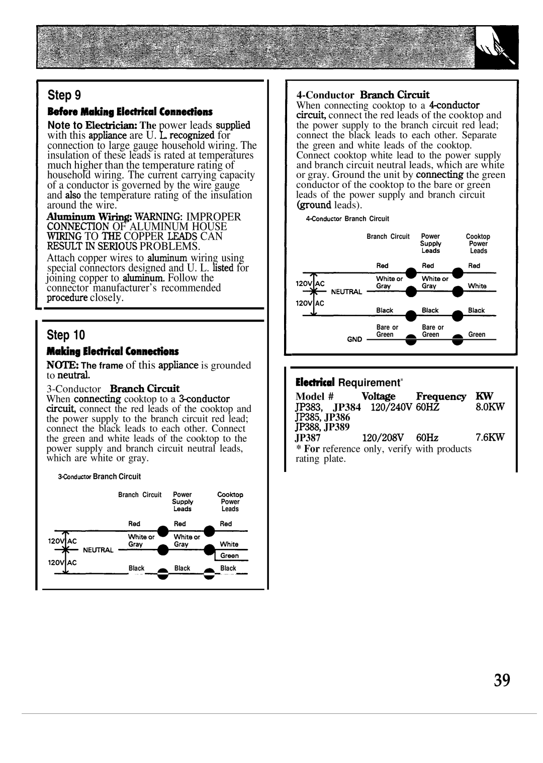 GE JP384, JP385 Tin Mating Eleti=cal onne~iow, Mating Ele-cal Connetiou, Conductor B~ch Ctitit, Eletical Requirement= 