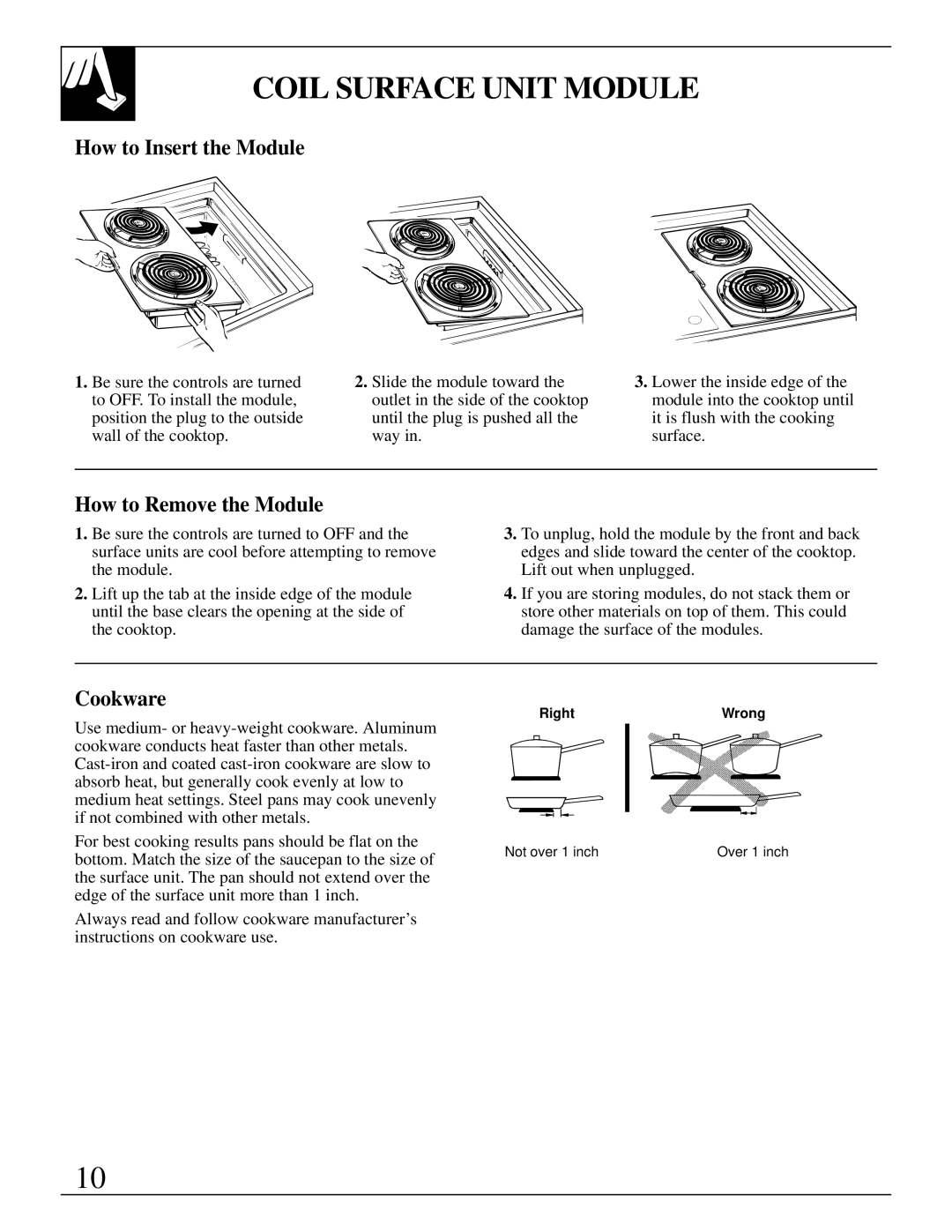 GE JP385, JP389, JP387 manual Coil Surface Unit Module, How to Insert the Module, How to Remove the Module, Cookware 