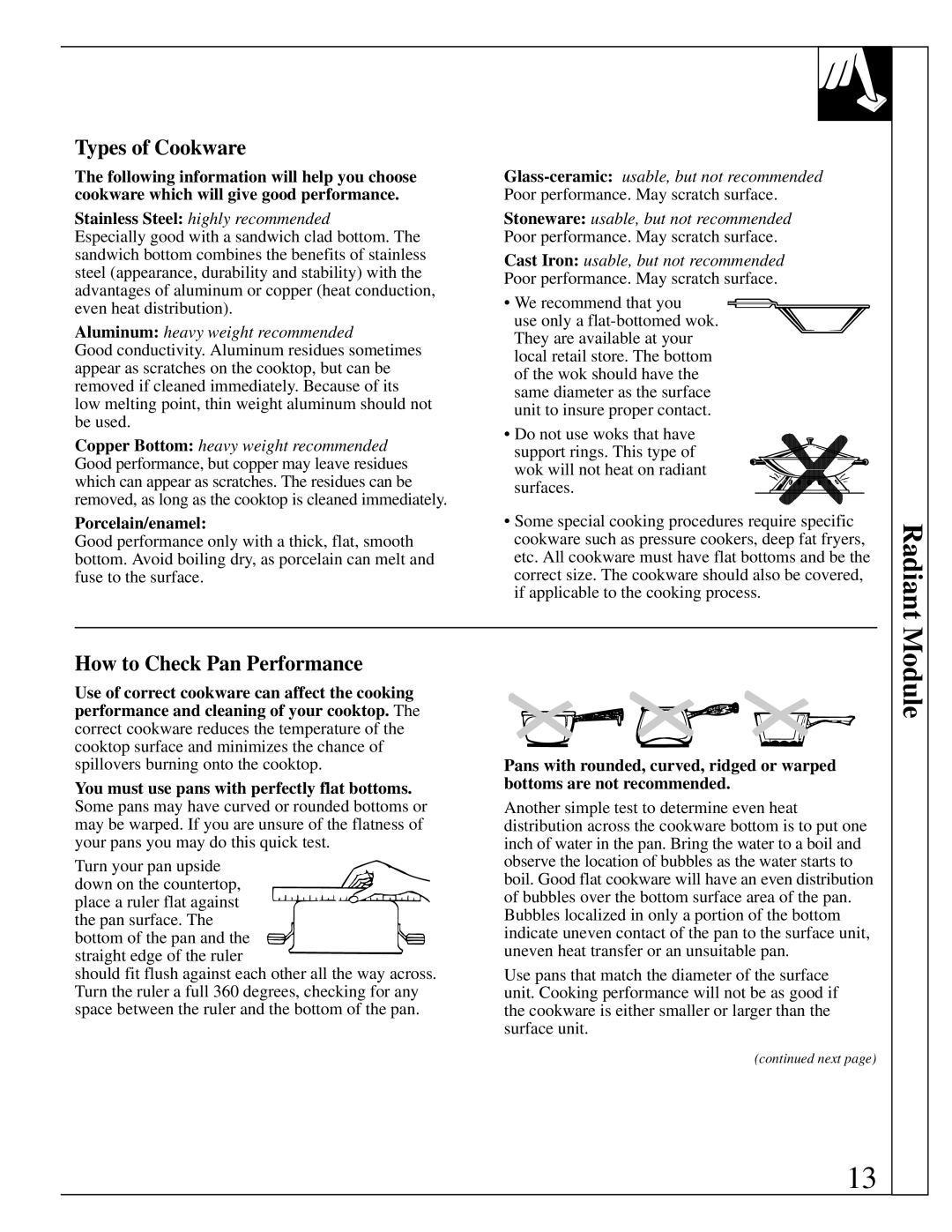 GE JP385, JP389, JP387 manual Types of Cookware, How to Check Pan Performance, Porcelain/enamel 