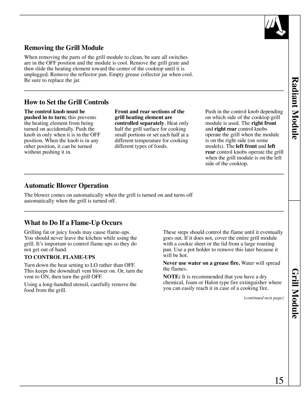 GE JP389, JP385, JP387 manual Removing the Grill Module, How to Set the Grill Controls, Automatic Blower Operation 