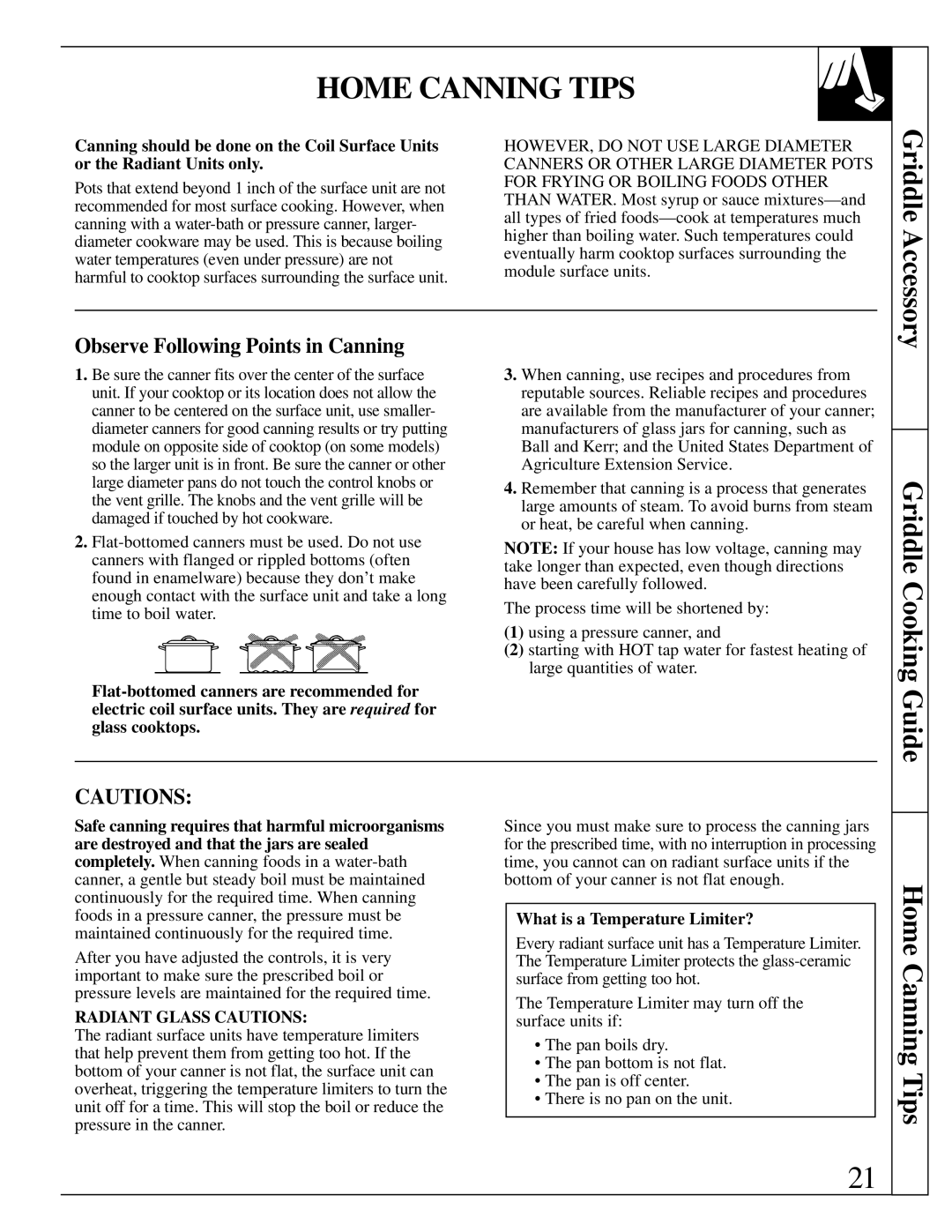 GE JP389, JP385, JP387 manual Home Canning Tips, Observe Following Points in Canning, What is a Temperature Limiter? 