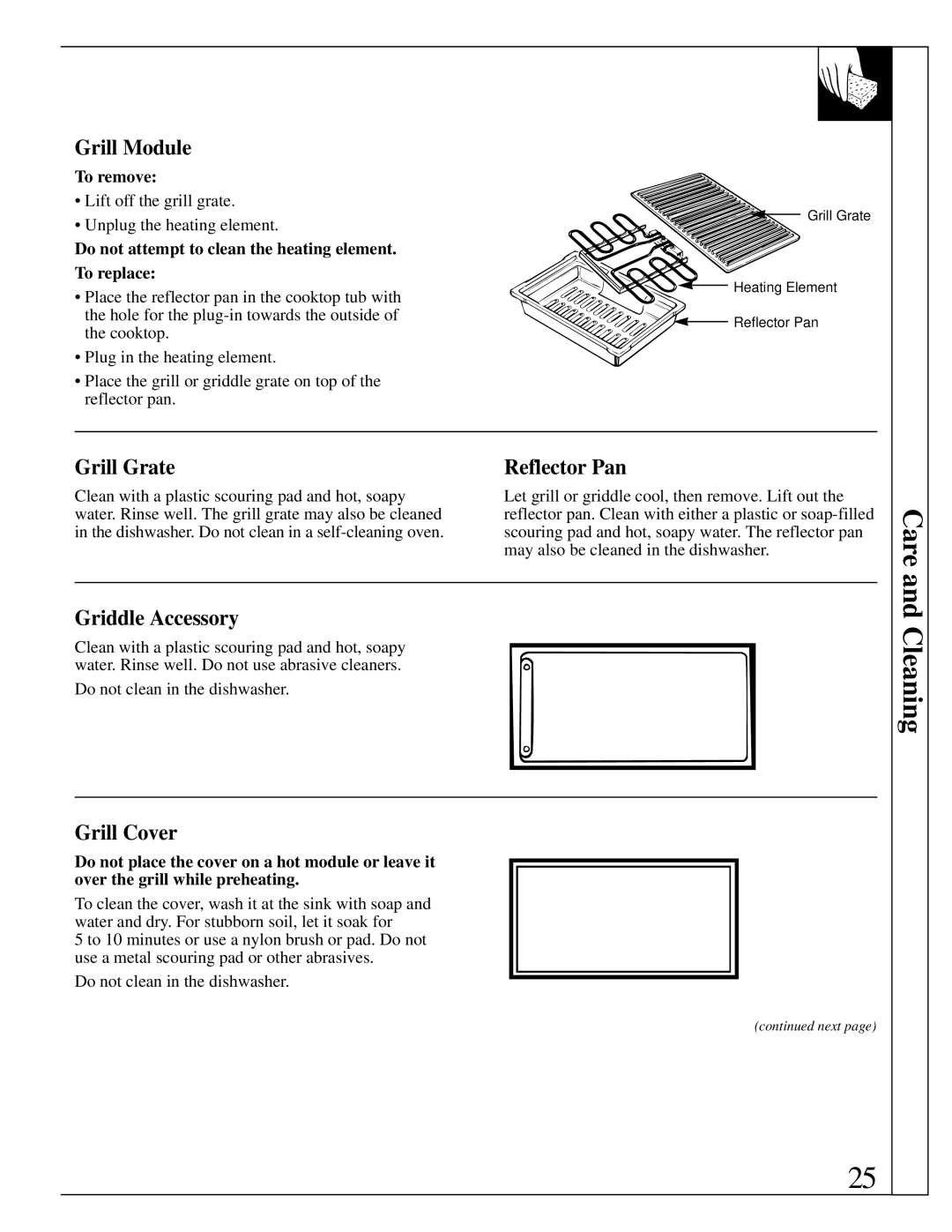 GE JP385, JP389, JP387 manual Grill Module, Grill Grate Reflector Pan, Griddle Accessory, Grill Cover 