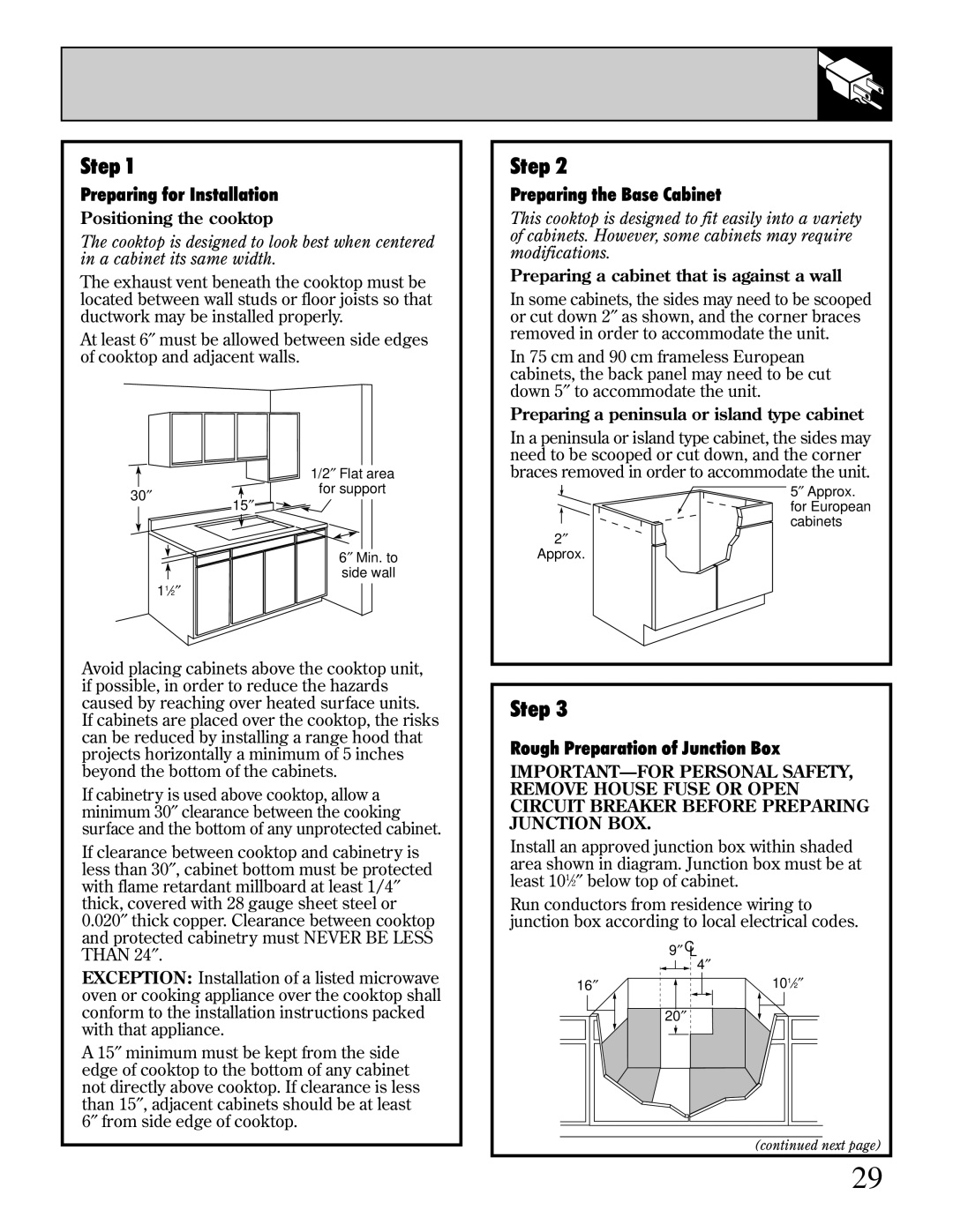 GE JP387, JP389, JP385 manual Preparing for Installation, Preparing the Base Cabinet, Rough Preparation of Junction Box 