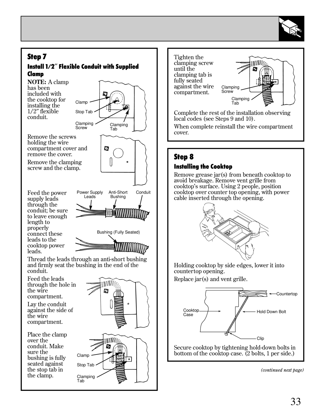 GE JP389, JP385, JP387 manual Install 1/2″ Flexible Conduit with Supplied Clamp, Installing the Cooktop 