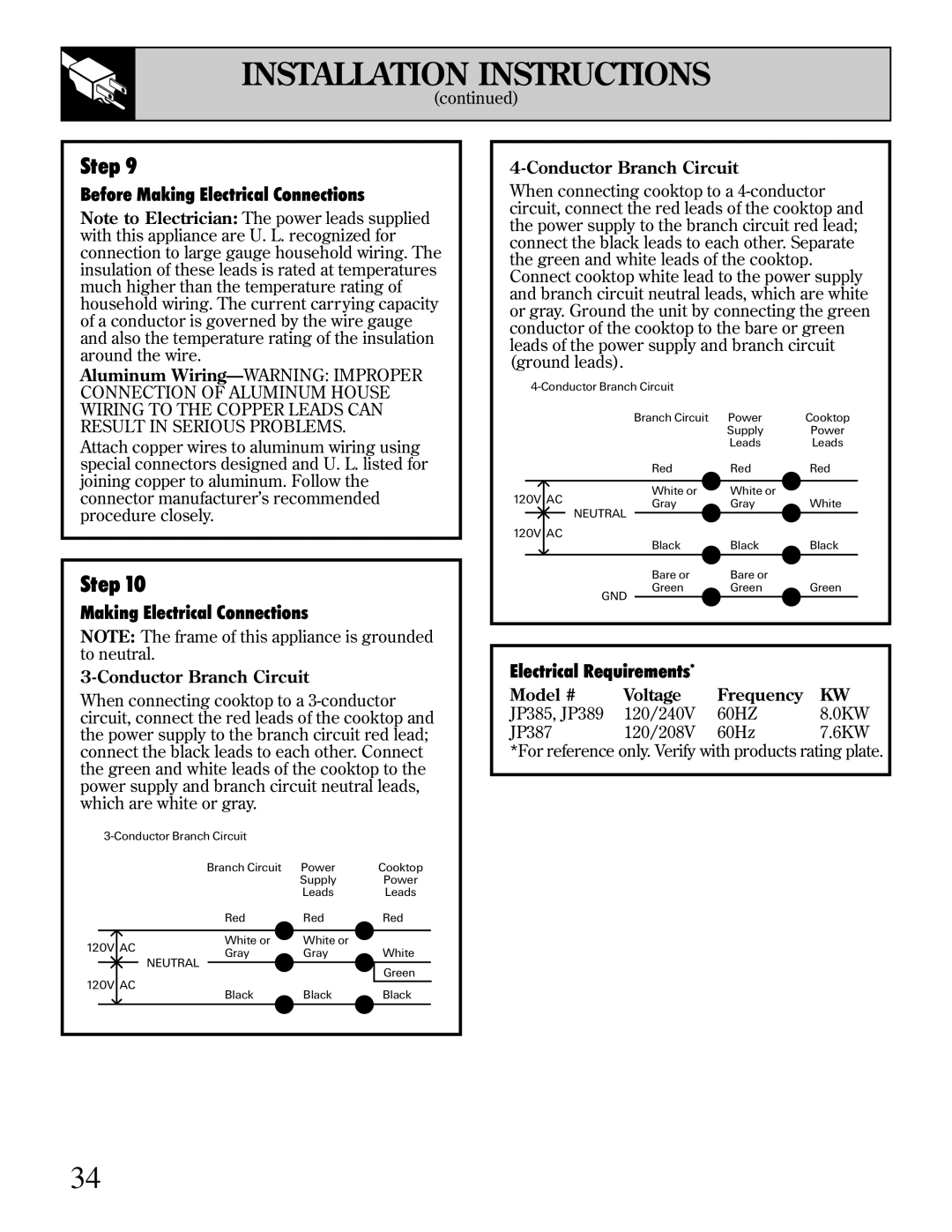 GE JP385, JP389, JP387 manual Before Making Electrical Connections, Electrical Requirements, Conductor Branch Circuit 