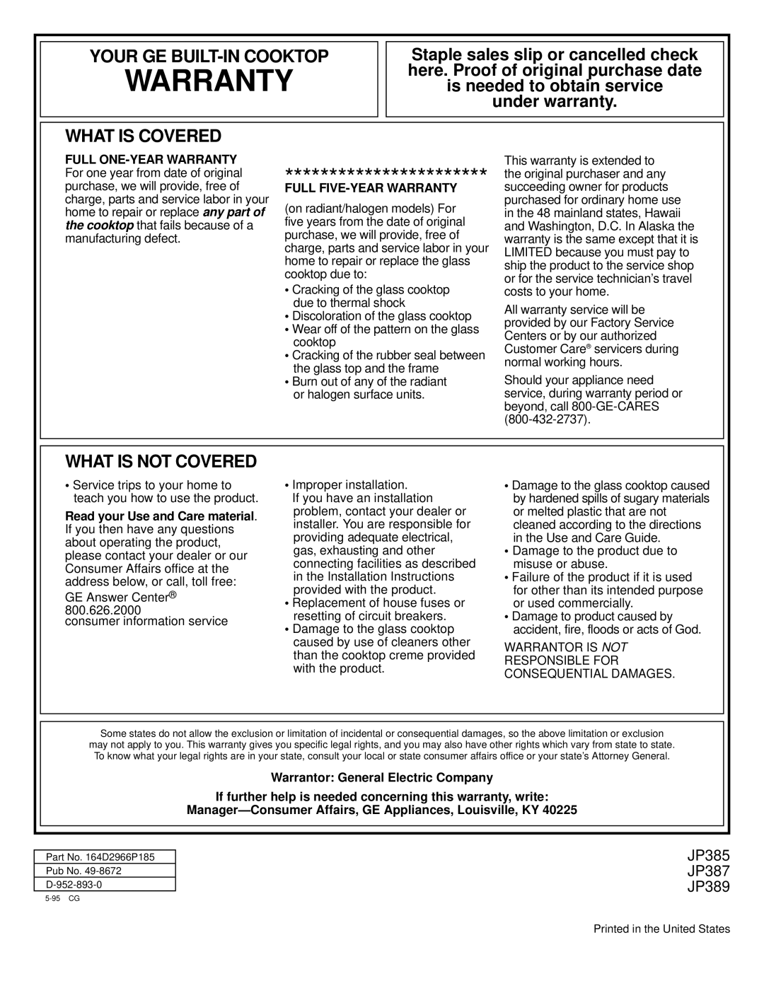 GE JP385, JP389, JP387 manual Warranty 