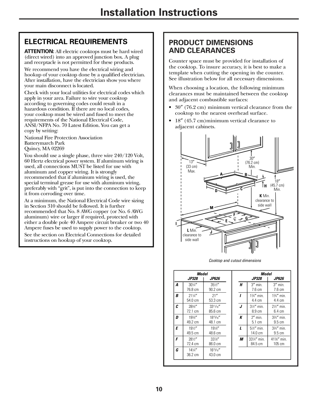 GE JP626WFWW owner manual Electrical Requirements, Product Dimensions Clearances 