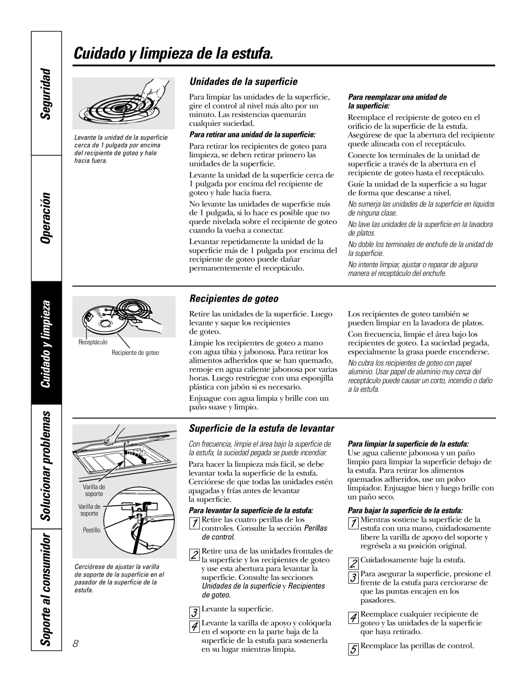 GE JP626WFWW owner manual Seguridad Operación, Soporte al consumidor Solucionar problemas, Unidades de la superficie 