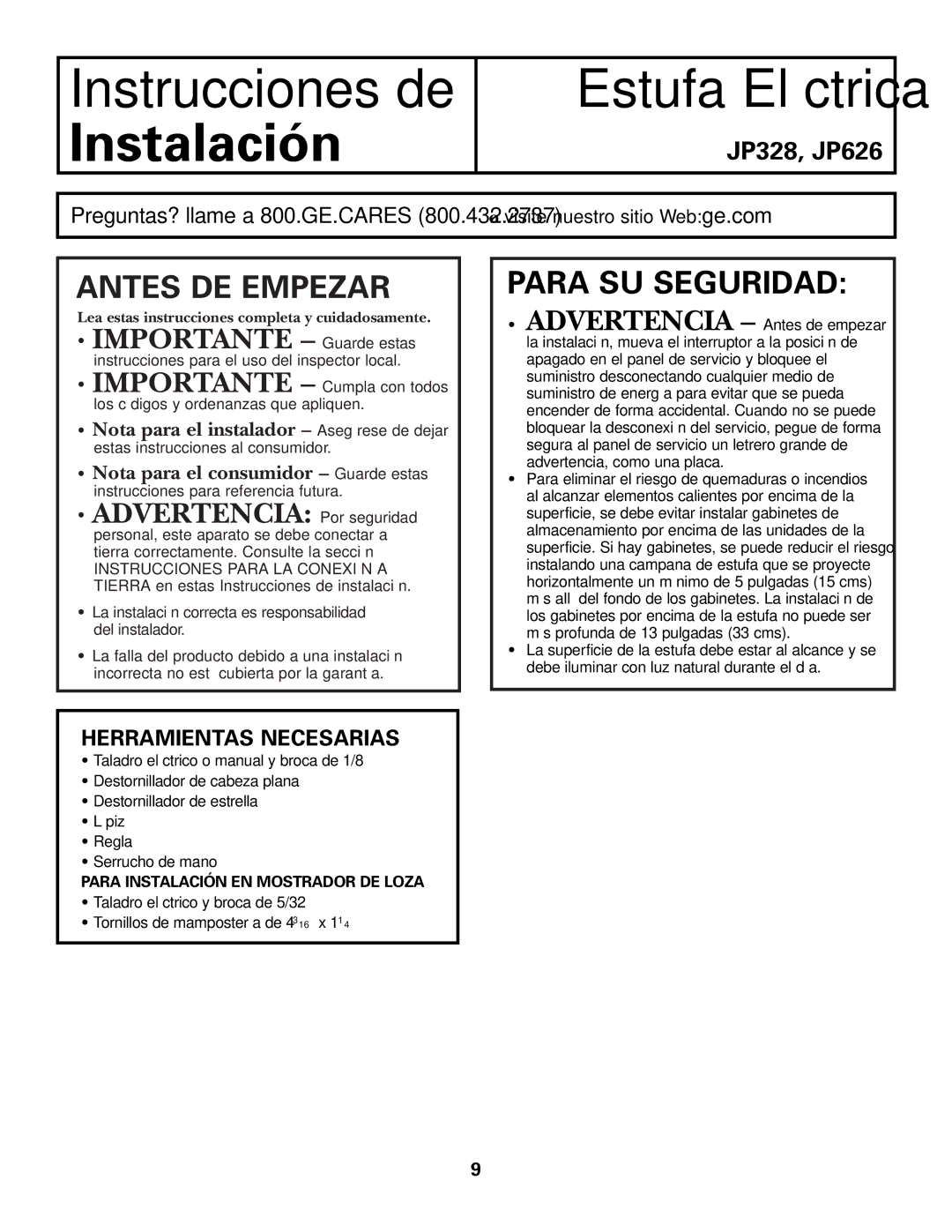 GE JP626WFWW owner manual Instrucciones de Instalación Estufa Eléctrica, Herramientas Necesarias 