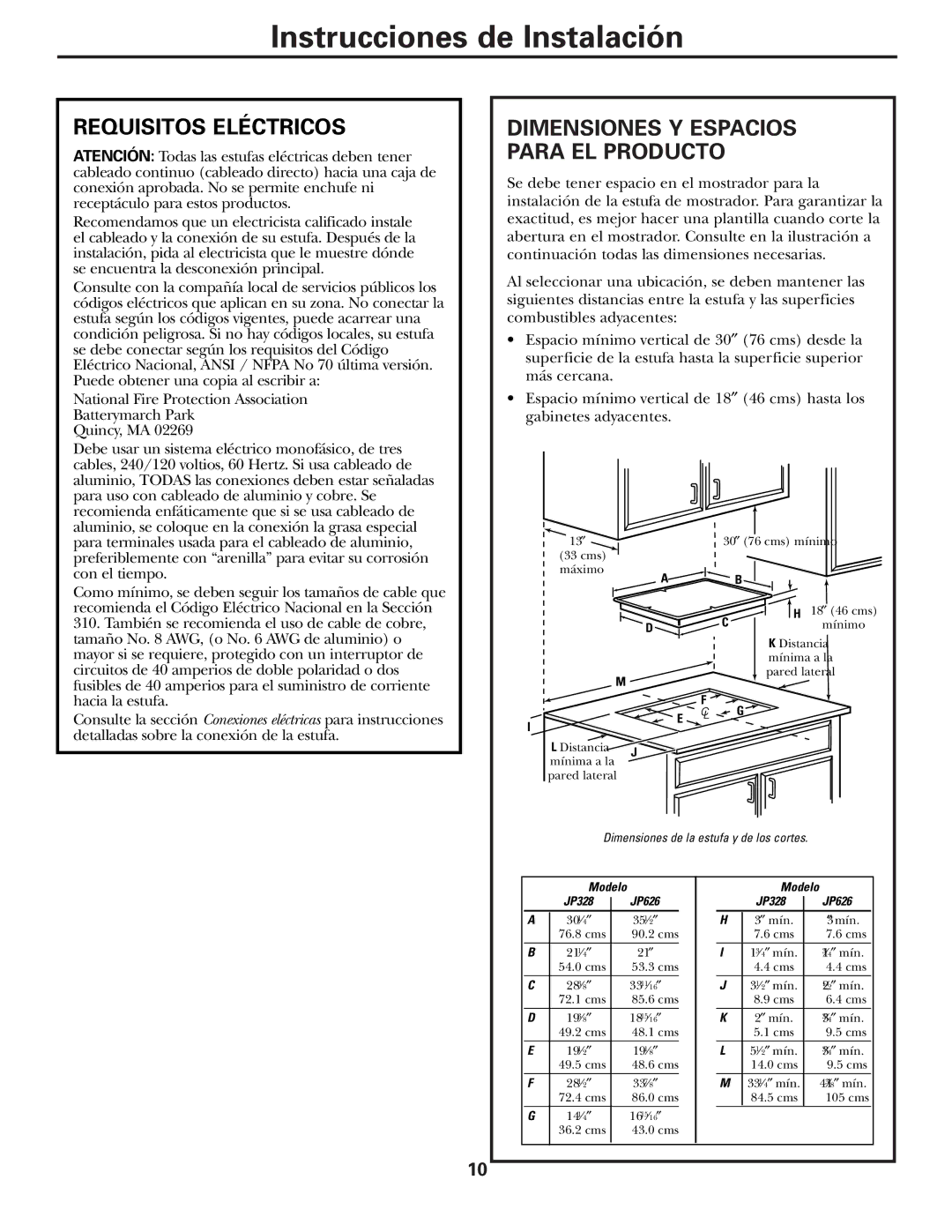 GE JP626WFWW owner manual Instrucciones de Instalación, Requisitos Eléctricos 