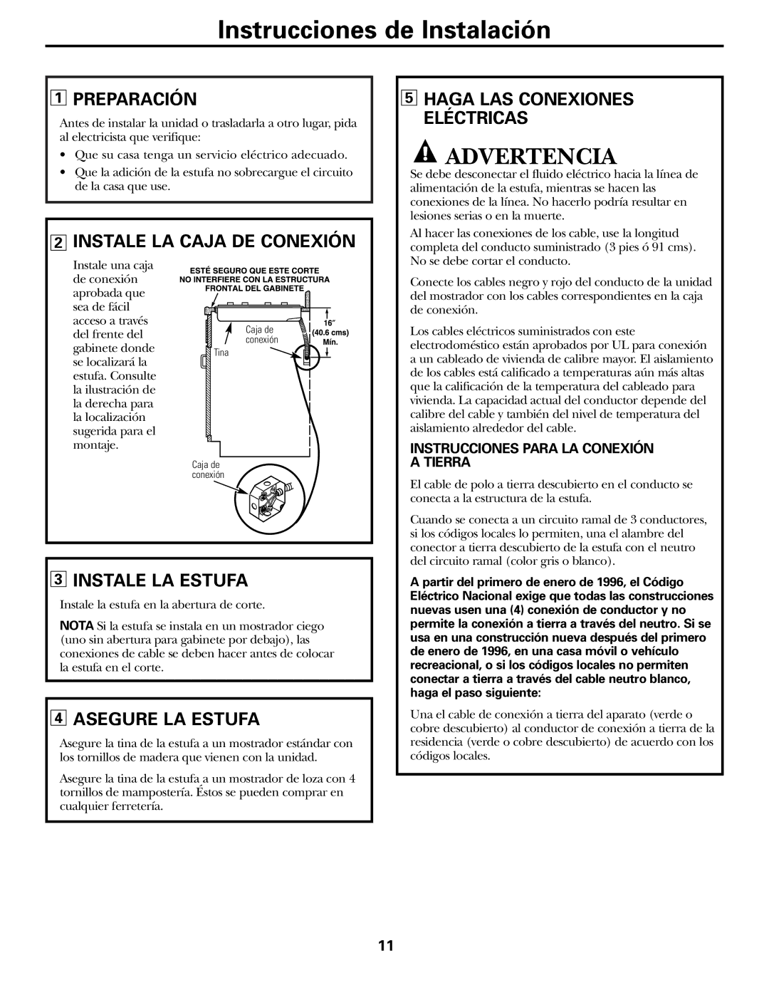 GE JP626WFWW owner manual Preparación, Instale LA Caja DE Conexión, Instale LA Estufa, Asegure LA Estufa 