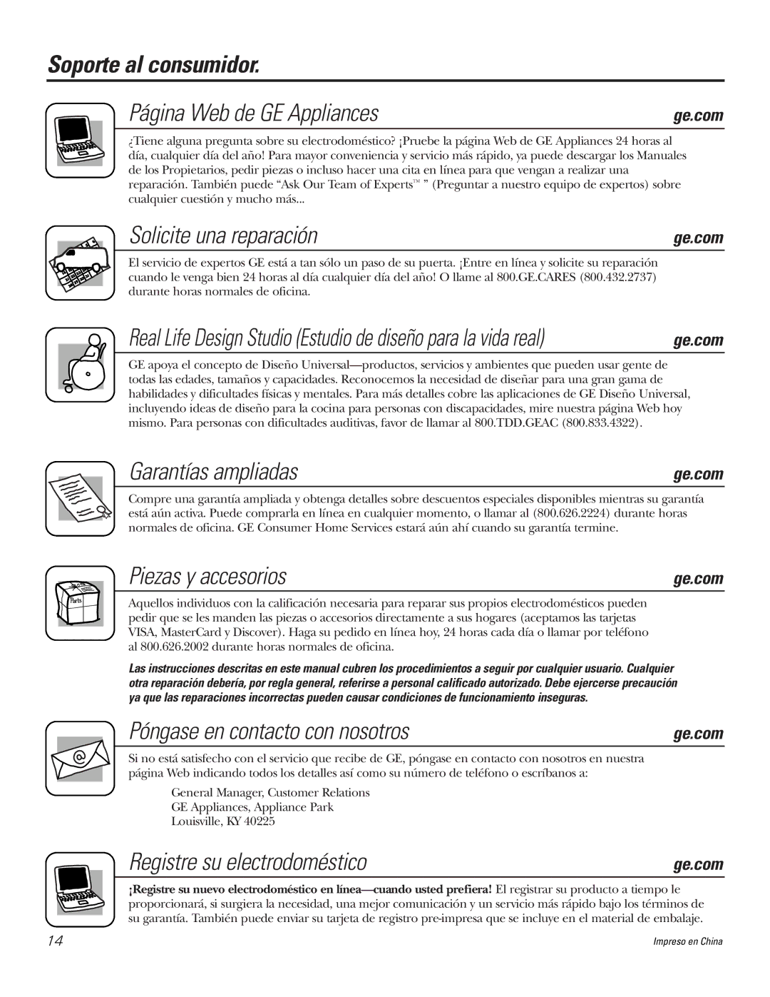 GE JP626WFWW owner manual Soporte al consumidor Página Web de GE Appliances, Solicite una reparación, Garantías ampliadas 