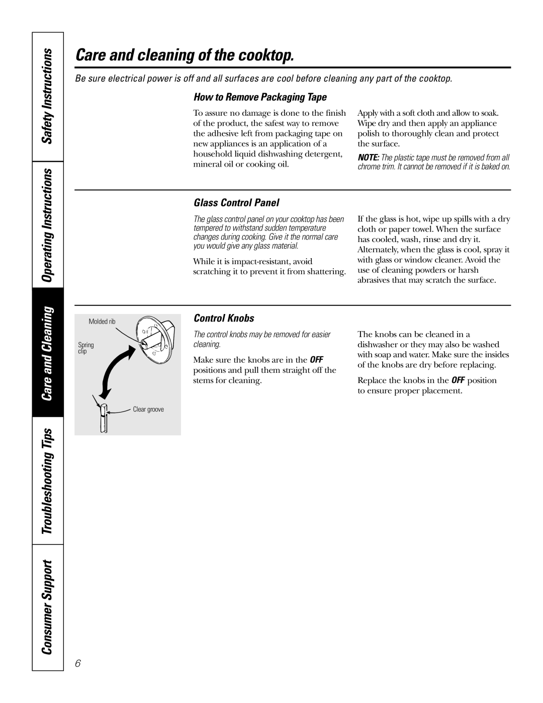 GE JP626WFWW owner manual Care and cleaning of the cooktop, Instructions, How to Remove Packaging Tape, Glass Control Panel 