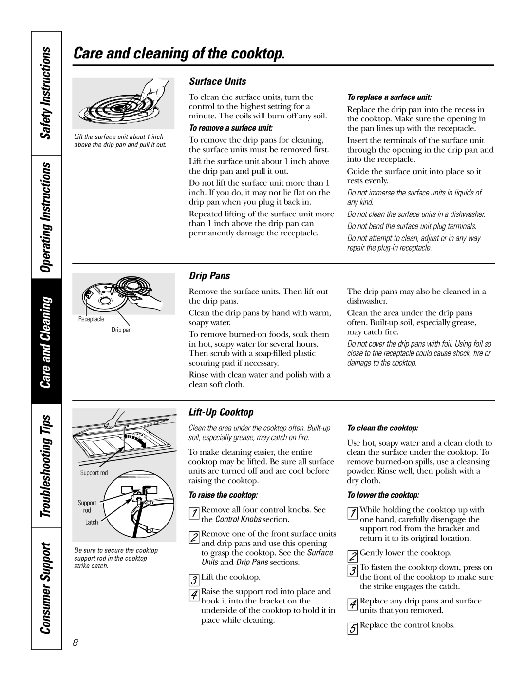 GE JP626WFWW owner manual Operating Instructions Safety, Surface Units, Drip Pans, Lift-Up Cooktop 